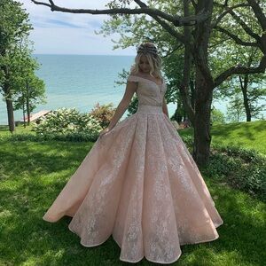 Ellie Wilde Pink Lace Prom Dress